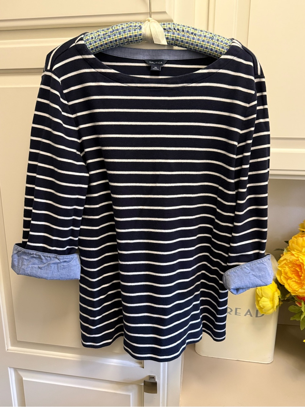 Nautica Navy and White Striped Boatneck Long Sleeve Top with Chambray Cuffs